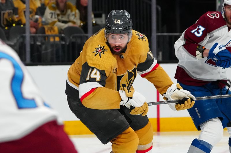 Apr 14, 2024; Las Vegas, Nevada, USA; Vegas Golden Knights defenseman Nicolas Hague (14) skates against the Colorado Avalanche during the second period at T-Mobile Arena. Mandatory Credit: Stephen R. Sylvanie-USA TODAY Sports