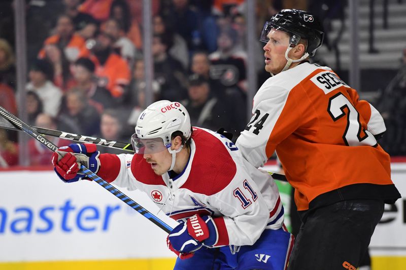 Jan 10, 2024; Philadelphia, Pennsylvania, USA; Montreal Canadiens right wing Brendan Gallagher (11) and Philadelphia Flyers defenseman Nick Seeler (24) battle for position during the second period at Wells Fargo Center. Mandatory Credit: Eric Hartline-USA TODAY Sports