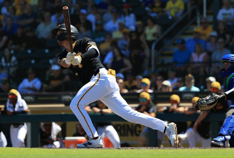 Mar 21, 2026; Bradenton, Florida, USA;  Pittsburgh Pirates infielder Alika Williams (37) hits a sacrifice RBI during the fourth inning against the Toronto Blue Jays at LECOM Park. Mandatory Credit: Kim Klement Neitzel-Imagn Images