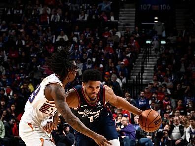 PHILADELPHIA, PA - NOVMEBER 4: Tobias Harris #12 of the Philadelphia 76ers drives to the basket during the game against the Phoenix Suns on November 4, 2023 at the Wells Fargo Center in Philadelphia, Pennsylvania NOTE TO USER: User expressly acknowledges and agrees that, by downloading and/or using this Photograph, user is consenting to the terms and conditions of the Getty Images License Agreement. Mandatory Copyright Notice: Copyright 2023 NBAE (Photo by David Dow/NBAE via Getty Images)