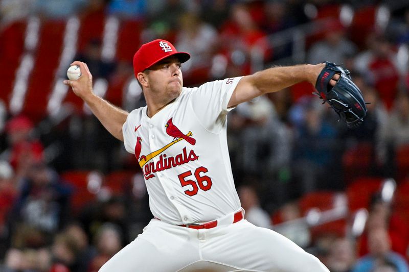 Apr 9, 2024; St. Louis, Missouri, USA;  St. Louis Cardinals relief pitcher Ryan Helsley (56) pitches against the Philadelphia Phillies during the ninth inning at Busch Stadium. Mandatory Credit: Jeff Curry-USA TODAY Sports