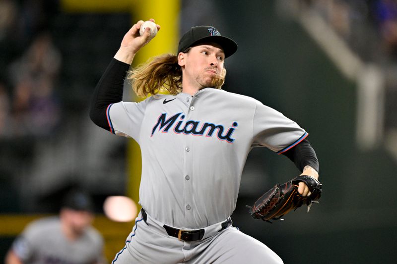 Sep 21, 2025; Arlington, Texas, USA; Miami Marlins relief pitcher Lake Bachar (84) throws the ball during the sixth inning against the Texas Rangers at Globe Life Field. Mandatory Credit: Jerome Miron-Imagn Images