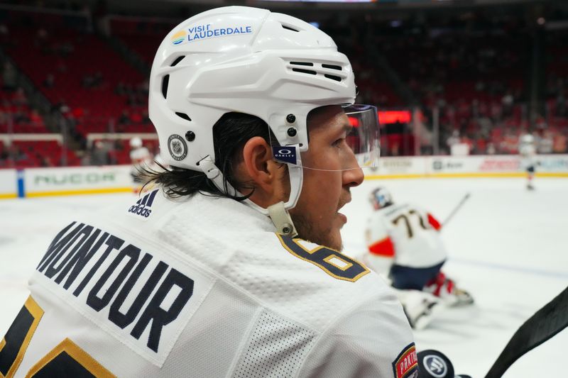 Mar 14, 2024; Raleigh, North Carolina, USA; Florida Panthers defenseman Brandon Montour (62) looks on from the bench during the warmups against the Carolina Hurricanes at PNC Arena. Mandatory Credit: James Guillory-USA TODAY Sports