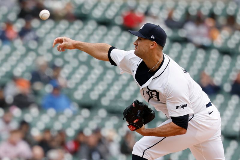 Apr 9, 2025; Detroit, Michigan, USA;  Detroit Tigers pitcher Jack Flaherty (9) pitches in the first inning against the New York Yankees at Comerica Park. Mandatory Credit: Rick Osentoski-Imagn Images