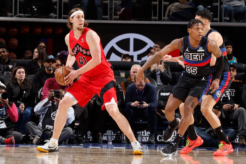 DETROIT, MI - JANUARY 11:  Kelly Olynyk #41 of the Toronto Raptors handles the ball during the game against the Detroit Pistons on January 11, 2025 at Little Caesars Arena in Detroit, Michigan. NOTE TO USER: User expressly acknowledges and agrees that, by downloading and/or using this photograph, User is consenting to the terms and conditions of the Getty Images License Agreement. Mandatory Copyright Notice: Copyright 2025 NBAE (Photo by Brian Sevald/NBAE via Getty Images)