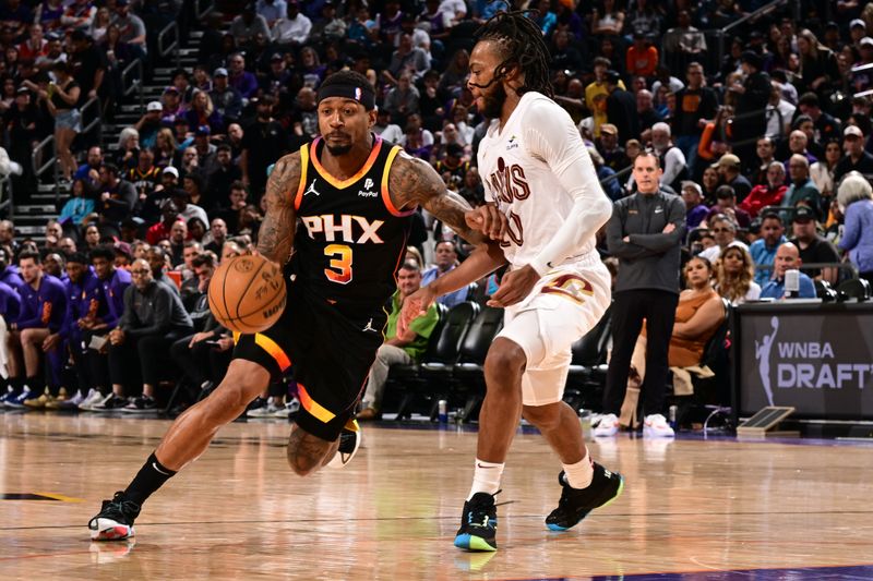 PHOENIX, AZ - APRIL  3: Bradley Beal #3 of the Phoenix Suns dribbles the ball during the game against the Cleveland Cavaliers on April 3, 2024 at Footprint Center in Phoenix, Arizona. NOTE TO USER: User expressly acknowledges and agrees that, by downloading and or using this photograph, user is consenting to the terms and conditions of the Getty Images License Agreement. Mandatory Copyright Notice: Copyright 2024 NBAE (Photo by Kate Frese/NBAE via Getty Images)