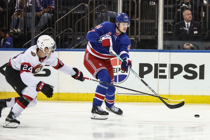 Nov 1, 2024; New York, New York, USA;  New York Rangers center Adam Edstrom (84) skates past Ottawa Senators defenseman Jacob Bernard-Docker (24) in the second period at Madison Square Garden. Mandatory Credit: Wendell Cruz-Imagn Images