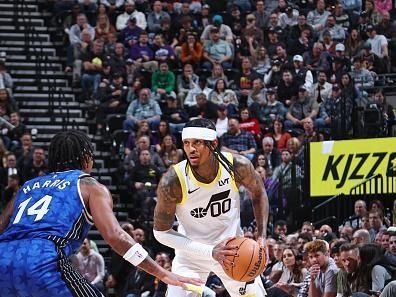 SALT LAKE CITY, UT - NOVEMBER 2: Jordan Clarkson #00 of the Utah Jazz looks to pass the ball during the game against the Orlando Magic on November 2, 2023 at Delta Center in Salt Lake City, Utah. NOTE TO USER: User expressly acknowledges and agrees that, by downloading and or using this Photograph, User is consenting to the terms and conditions of the Getty Images License Agreement. Mandatory Copyright Notice: Copyright 2023 NBAE (Photo by Melissa Majchrzak/NBAE via Getty Images)