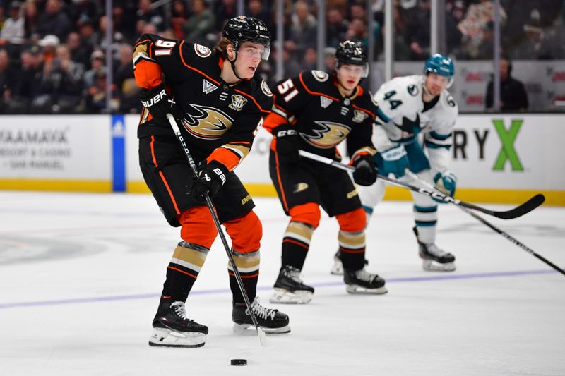 Jan 31, 2024; Anaheim, California, USA; Anaheim Ducks center Leo Carlsson (91) moves the puck against the San Jose Sharks during the second period at Honda Center. Mandatory Credit: Gary A. Vasquez-USA TODAY Sports