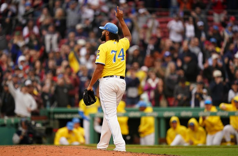 Apr 14, 2024; Boston, Massachusetts, USA; Boston Red Sox relief pitcher Kenley Jansen (74) reacts after striking out Los Angeles Angels center fielder Mike Trout (27) (not pictured) to end the game in the ninth inning at Fenway Park. Mandatory Credit: David Butler II-USA TODAY Sports