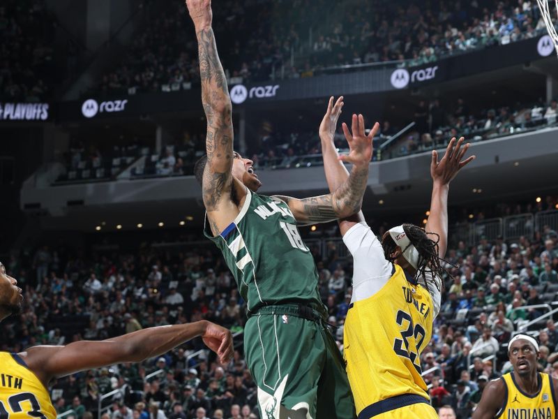 MILWAUKEE, WI - APRIL 25: Kyle Kuzma #18 of the Milwaukee Bucks drives to the basket during the game against the Indiana Pacers during Round 1 Game 3 of the 2025 NBA Playoffs on April 25, 2025 at Fiserv Forum Center in Milwaukee, Wisconsin. NOTE TO USER: User expressly acknowledges and agrees that, by downloading and or using this Photograph, user is consenting to the terms and conditions of the Getty Images License Agreement. Mandatory Copyright Notice: Copyright 2025 NBAE(Photo by Jeff Haynes/NBAE via Getty Images).