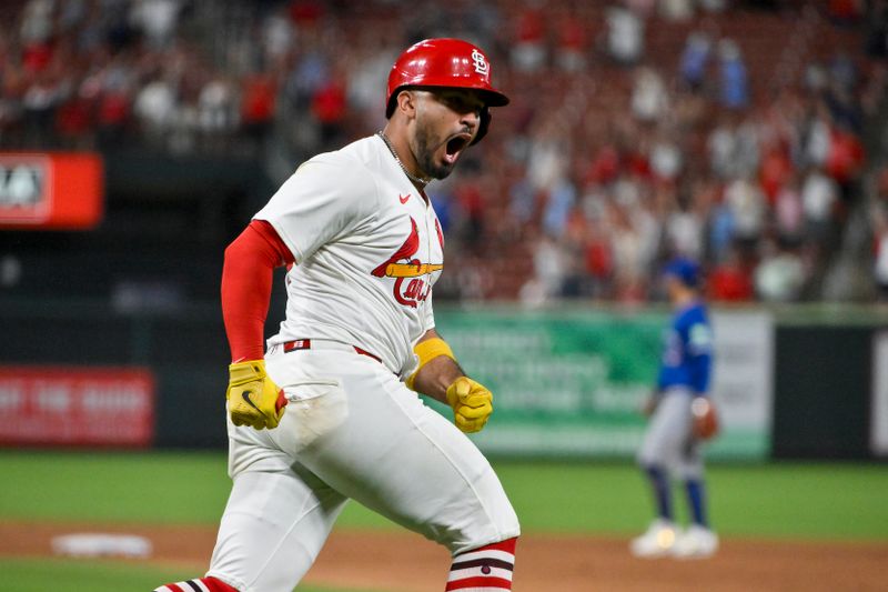 Jun 9, 2025; St. Louis, Missouri, USA;  St. Louis Cardinals catcher Ivan Herrera (48) reacts after hitting a three run home run against the Toronto Blue Jays during the eighth inning at Busch Stadium. Mandatory Credit: Jeff Curry-Imagn Images