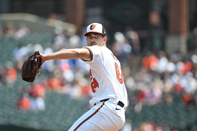 Jul 14, 2024; Baltimore, Maryland, USA;  Baltimore Orioles pitcher Dean Kremer (64) delivers a pitch during the first inning against the New York Yankees at Oriole Park at Camden Yards. Mandatory Credit: James A. Pittman-USA TODAY Sports