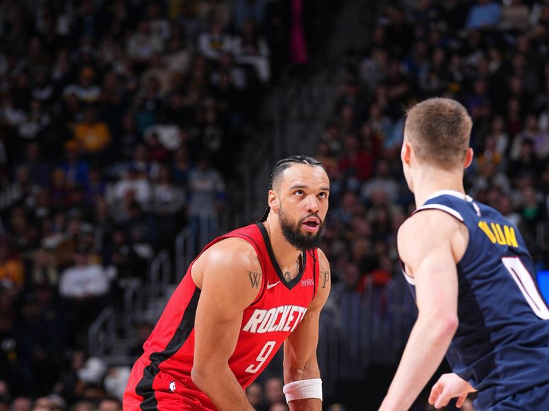 DENVER, CO - JANUARY 15: Dillon Brooks #9 of the Houston Rockets looks on during the game against the Denver Nuggets on January 15, 2025 at Ball Arena in Denver, Colorado. NOTE TO USER: User expressly acknowledges and agrees that, by downloading and/or using this Photograph, user is consenting to the terms and conditions of the Getty Images License Agreement. Mandatory Copyright Notice: Copyright 2025 NBAE (Photo by Bart Young/NBAE via Getty Images)