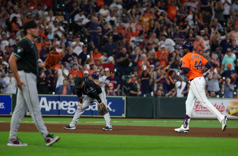 Sep 6, 2024; Houston, Texas, USA; Houston Astros left fielder Jordan Alvarez (44) rounds the bases against Arizona Diamondbacks starting pitcher Brandon Pfaadt (32) after he hit a three run home run  in the fifth inning at Minute Maid Park. Mandatory Credit: Thomas Shea-Imagn Images