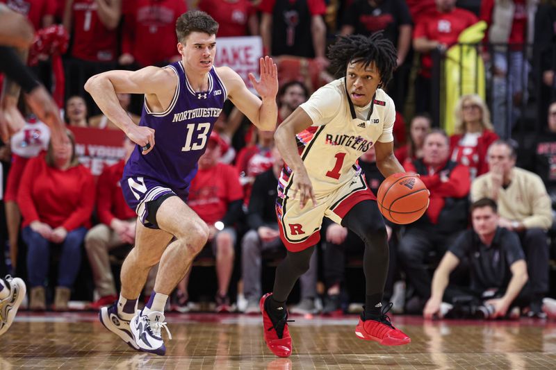 Feb 15, 2024; Piscataway, New Jersey, USA; Rutgers Scarlet Knights guard Jamichael Davis (1) dribbles up court in front of Northwestern Wildcats guard Brooks Barnhizer (13) during the second half at Jersey Mike's Arena. Mandatory Credit: Vincent Carchietta-USA TODAY Sports