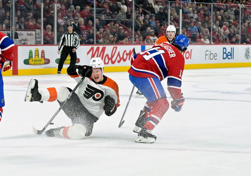 Apr 5, 2025; Montreal, Quebec, CAN; Montreal Canadiens forward Brendan Gallagher (11) collides with Philadelphia Flyers forward Matvei Michkov (39) during the first period at the Bell Centre. Mandatory Credit: Eric Bolte-Imagn Images