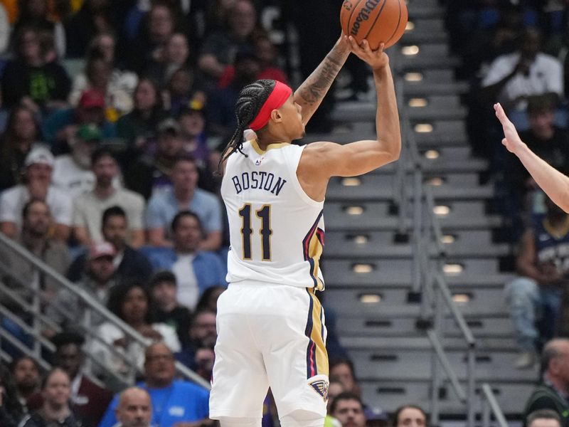 NEW ORLEANS, LA - NOVEMBER 16: Brandon Boston Jr. #11 of the New Orleans Pelicans shoots the ball during the game against the Los Angeles Lakers on November 16, 2024 at the Smoothie King Center in New Orleans, Louisiana. NOTE TO USER: User expressly acknowledges and agrees that, by downloading and or using this Photograph, user is consenting to the terms and conditions of the Getty Images License Agreement. Mandatory Copyright Notice: Copyright 2024 NBAE (Photo by Jesse D. Garrabrant/NBAE via Getty Images)