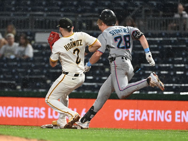 Jun 9, 2025; Pittsburgh, Pennsylvania, USA;  Pittsburgh Pirates first baseman Spencer Horowitz (2) beats Miami Marlins base runner Kyle Stowers (28) to the bag for an out during the fifth inning at PNC Park. Mandatory Credit: Philip G. Pavely-Imagn Images