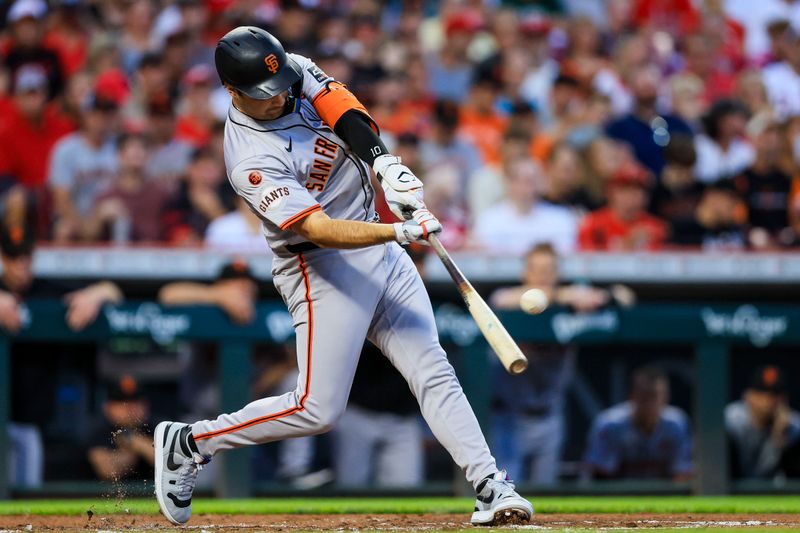 Aug 2, 2024; Cincinnati, Ohio, USA; San Francisco Giants second baseman Casey Schmitt (10) hits a solo home run in the second inning against the Cincinnati Reds at Great American Ball Park. Mandatory Credit: Katie Stratman-USA TODAY Sports