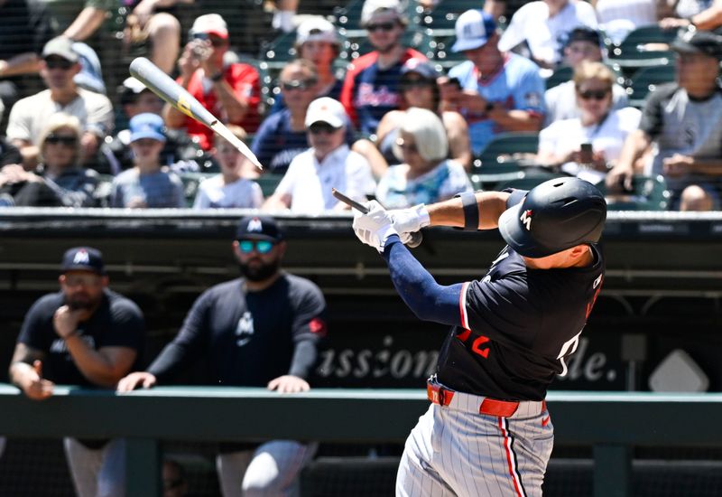 Jul 10, 2024; Chicago, Illinois, USA;  Minnesota Twins third base Brooks Lee (72) breaks his bat during the first inning against the Chicago White Sox at Guaranteed Rate Field. Mandatory Credit: Matt Marton-USA TODAY Sports