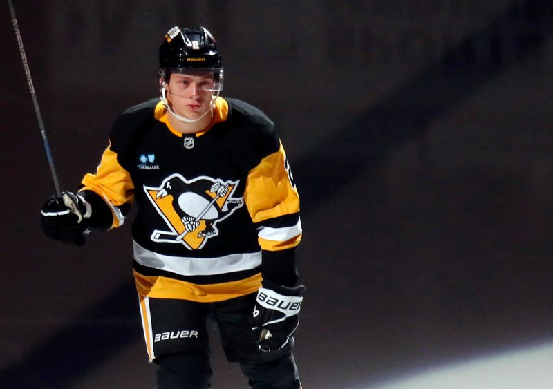 Oct 9, 2024; Pittsburgh, Pennsylvania, USA;  Pittsburgh Penguins right wing Rutger McGroarty (2) reacts during player introductions before making his NHL debut against the New York Rangers at PPG Paints Arena. Mandatory Credit: Charles LeClaire-Imagn Images