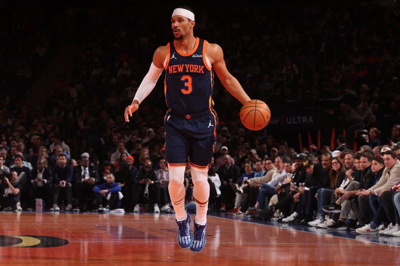 NEW YORK, NY - DECEMBER 3: Josh Hart #3 of the New York Knicks dribbles the ball during the game against the Orlando Magic during the Emirates NBA Cup on December 3, 2024 at Madison Square Garden in New York City, New York.  NOTE TO USER: User expressly acknowledges and agrees that, by downloading and or using this photograph, User is consenting to the terms and conditions of the Getty Images License Agreement. Mandatory Copyright Notice: Copyright 2024 NBAE  (Photo by Nathaniel S. Butler/NBAE via Getty Images)