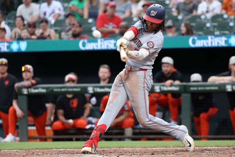 May 17, 2025; Baltimore, Maryland, USA; Washington Nationals shortstop CJ Abrams (5) takes a swing during the ninth inning against the Baltimore Orioles at Oriole Park at Camden Yards. Mandatory Credit: Daniel Kucin Jr.-Imagn Images