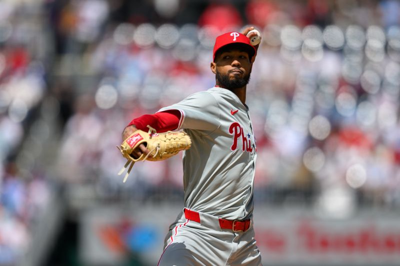 Apr 7, 2024; Washington, District of Columbia, USA; Philadelphia Phillies pitcher Cristopher Sánchez (61) throws a pitch during the first inning against the Washington Nationals at Nationals Park. Mandatory Credit: Reggie Hildred-USA TODAY Sports