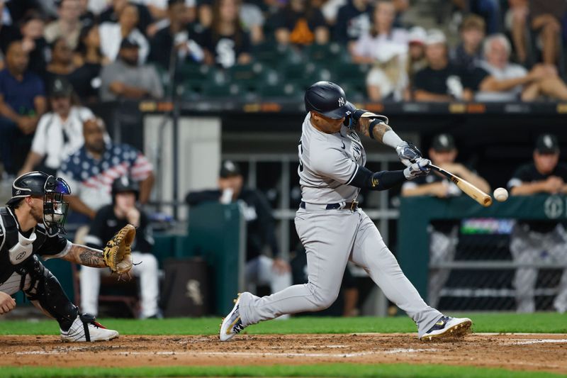 Aug 9, 2023; Chicago, Illinois, USA; New York Yankees second baseman Gleyber Torres (25) singles against the Chicago White Sox during the fourth inning at Guaranteed Rate Field. Mandatory Credit: Kamil Krzaczynski-USA TODAY Sports