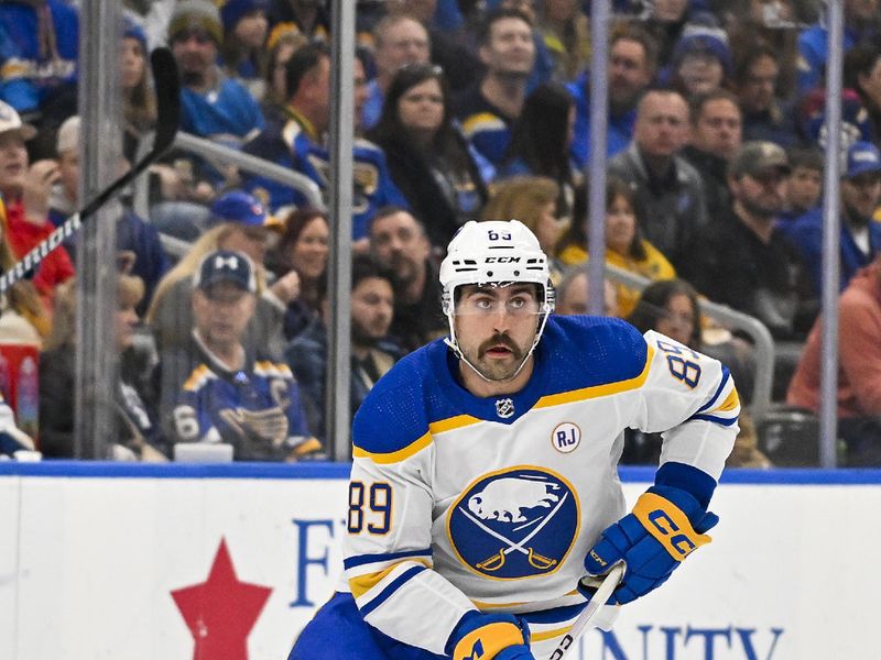 Nov 30, 2023; St. Louis, Missouri, USA;  Buffalo Sabres right wing Alex Tuch (89) controls the puck against the St. Louis Blues during the first period at Enterprise Center. Mandatory Credit: Jeff Curry-USA TODAY Sports