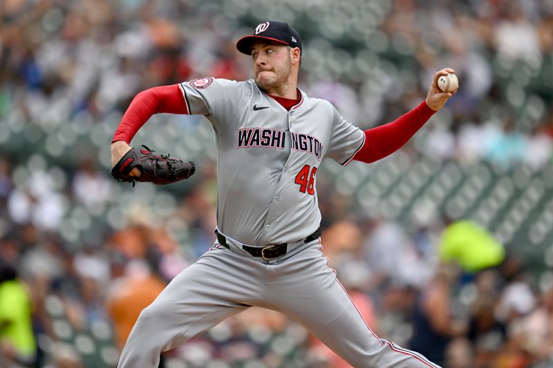 Jun 13, 2024; Detroit, Michigan, USA;  Washington Nationals starting pitcher Patrick Corbin (46) throws a pitch against the Detroit Tigers in the first inning at Comerica Park. Mandatory Credit: Lon Horwedel-USA TODAY Sports