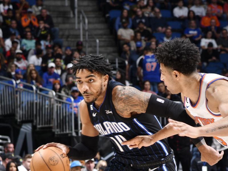 ORLANDO, FL -FEBRUARY 7: Gary Harris #14 of the Orlando Magic drives to the basket during the game against the New York Knicks on February 7, 2023 at Amway Center in Orlando, Florida. NOTE TO USER: User expressly acknowledges and agrees that, by downloading and or using this photograph, User is consenting to the terms and conditions of the Getty Images License Agreement. Mandatory Copyright Notice: Copyright 2022 NBAE (Photo by Fernando Medina/NBAE via Getty Images)