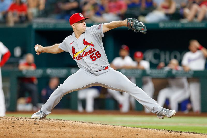 Jun 7, 2023; Arlington, Texas, USA; St. Louis Cardinals relief pitcher Ryan Helsley (56) comes in to close out the game during the ninth inning against the Texas Rangers at Globe Life Field. Mandatory Credit: Andrew Dieb-USA TODAY Sports