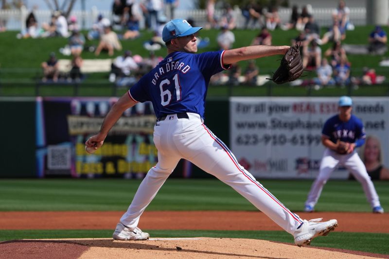 Feb 28, 2024; Surprise, Arizona, USA; Texas Rangers starting pitcher Cody Bradford (61) pitches against the Los Angeles Dodgers during the first inning at Surprise Stadium. Mandatory Credit: Joe Camporeale-USA TODAY Sports