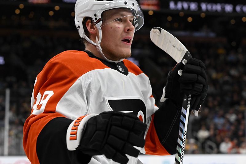 Oct 1, 2024; Boston, Massachusetts, USA; Philadelphia Flyers right wing Matvei Michkov (39) reacts after scoring a goal against the Boston Bruins during the second period at the TD Garden. Mandatory Credit: Brian Fluharty-Imagn Images