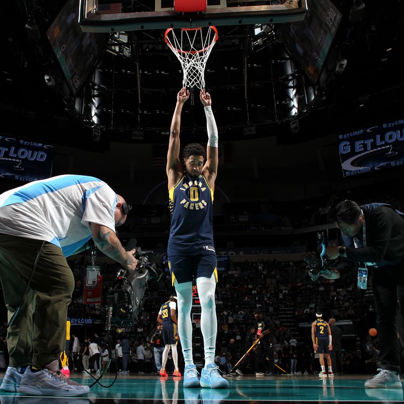 MEMPHIS, TN - DECEMBER 1: Tyrese Haliburton #0 of the Indiana Pacers looks on before the game against the Memphis Grizzlies on December 1, 2024 at FedExForum in Memphis, Tennessee. NOTE TO USER: User expressly acknowledges and agrees that, by downloading and or using this photograph, User is consenting to the terms and conditions of the Getty Images License Agreement. Mandatory Copyright Notice: Copyright 2024 NBAE (Photo by Joe Murphy/NBAE via Getty Images)