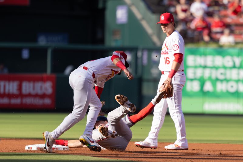 Jun 26, 2024; St. Louis, Missouri, USA; Atlanta Braves outfielder Jarred Kelenic (24) tagged out at second base against the St. Louis Cardinals in the first inning at Busch Stadium. Mandatory Credit: Zach Dalin-USA TODAY Sports