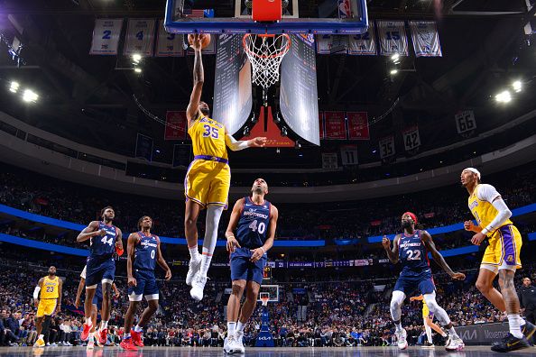 PHILADELPHIA, PA - NOVEMBER 27: Christian Wood #35 of the Los Angeles Lakers drives to the basket during the game against the Philadelphia 76ers on November 27, 2023 at the Wells Fargo Center in Philadelphia, Pennsylvania NOTE TO USER: User expressly acknowledges and agrees that, by downloading and/or using this Photograph, user is consenting to the terms and conditions of the Getty Images License Agreement. Mandatory Copyright Notice: Copyright 2023 NBAE (Photo by Jesse D. Garrabrant/NBAE via Getty Images)