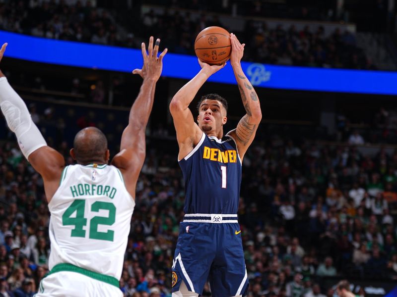 DENVER, CO - JANUARY 7: Michael Porter Jr. #1 of the Denver Nuggets shoots the ball during the game against the Boston Celtics on January 7, 2025 at Ball Arena in Denver, Colorado. NOTE TO USER: User expressly acknowledges and agrees that, by downloading and/or using this Photograph, user is consenting to the terms and conditions of the Getty Images License Agreement. Mandatory Copyright Notice: Copyright 2025 NBAE (Photo by Garrett Ellwood/NBAE via Getty Images)