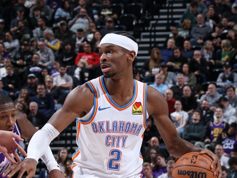 SALT LAKE CITY, UT - FEBRUARY 6: Shai Gilgeous-Alexander #2 of the Oklahoma City Thunder dribbles the ball during the game against the Utah Jazz on February 6, 2024 at Delta Center in Salt Lake City, Utah. NOTE TO USER: User expressly acknowledges and agrees that, by downloading and or using this Photograph, User is consenting to the terms and conditions of the Getty Images License Agreement. Mandatory Copyright Notice: Copyright 2024 NBAE (Photo by Melissa Majchrzak/NBAE via Getty Images)