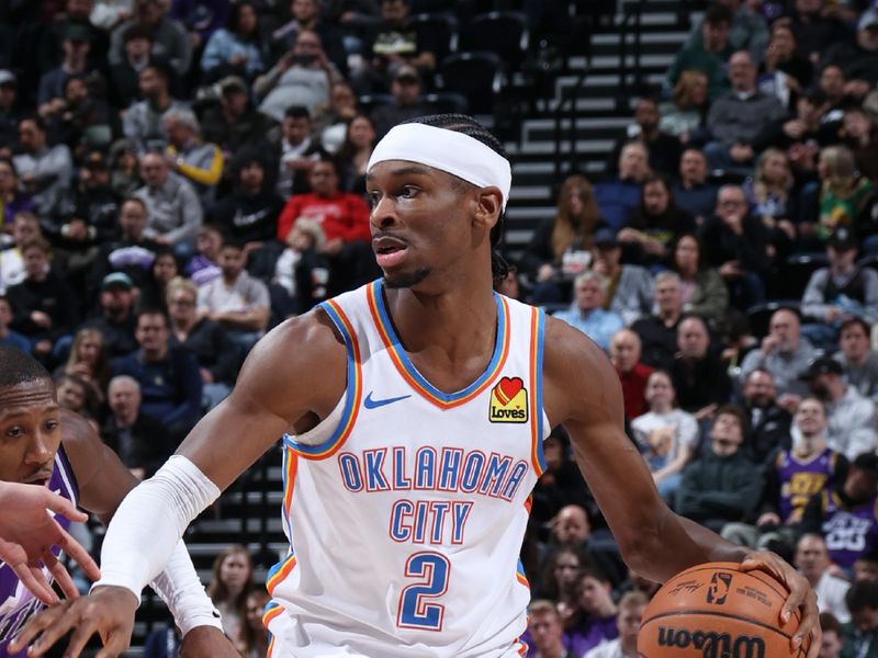 SALT LAKE CITY, UT - FEBRUARY 6: Shai Gilgeous-Alexander #2 of the Oklahoma City Thunder dribbles the ball during the game against the Utah Jazz on February 6, 2024 at Delta Center in Salt Lake City, Utah. NOTE TO USER: User expressly acknowledges and agrees that, by downloading and or using this Photograph, User is consenting to the terms and conditions of the Getty Images License Agreement. Mandatory Copyright Notice: Copyright 2024 NBAE (Photo by Melissa Majchrzak/NBAE via Getty Images)