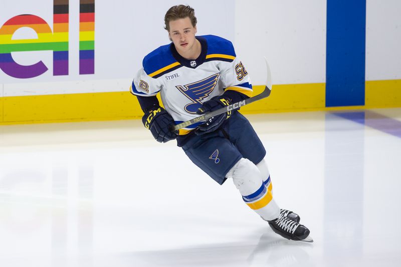 Mar 21, 2024; Ottawa, Ontario, CAN; St. Louis Blues center Zach Dean (52) warms up prior to playing in his first NHL game against the Ottawa Senators at the Canadian Tire Centre. Mandatory Credit: Marc DesRosiers-USA TODAY Sports