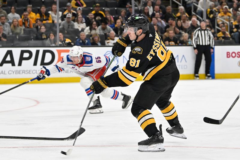 Oct 4, 2025; Boston, Massachusetts, USA; Boston Bruins center Michael Eyssimont (81) shoots the puck during the third period period against the New York Rangers at TD Garden. Mandatory Credit: Eric Canha-Imagn Images