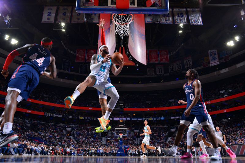 PHILADELPHIA, PA - MARCH 16: Miles Bridges #0 of the Charlotte Hornets rebounds the ball during the game against the Philadelphia 76ers on March 16, 2024 at the Wells Fargo Center in Philadelphia, Pennsylvania NOTE TO USER: User expressly acknowledges and agrees that, by downloading and/or using this Photograph, user is consenting to the terms and conditions of the Getty Images License Agreement. Mandatory Copyright Notice: Copyright 2024 NBAE (Photo by Jesse D. Garrabrant/NBAE via Getty Images)