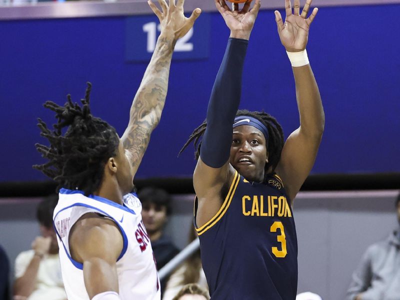 Jan 29, 2025; Dallas, Texas, USA;  California Golden Bears guard DJ Campbell (3) shoots over Southern Methodist Mustangs guard B.J. Edwards (0) during the second half at Moody Coliseum. Mandatory Credit: Kevin Jairaj-Imagn Images