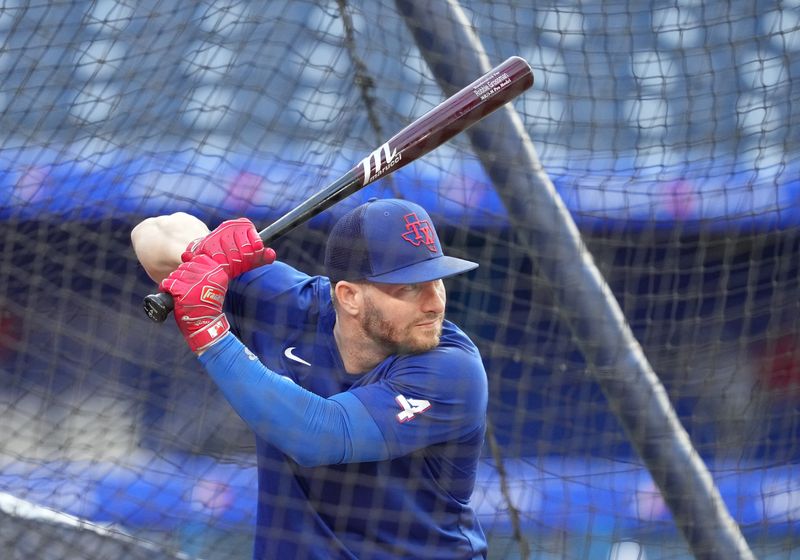 Sep 13, 2023; Toronto, Ontario, CAN; Texas Rangers right fielder Robbie Grossman (4) takes batting practice before a game against the Toronto Blue Jays at Rogers Centre. Mandatory Credit: Nick Turchiaro-USA TODAY Sports