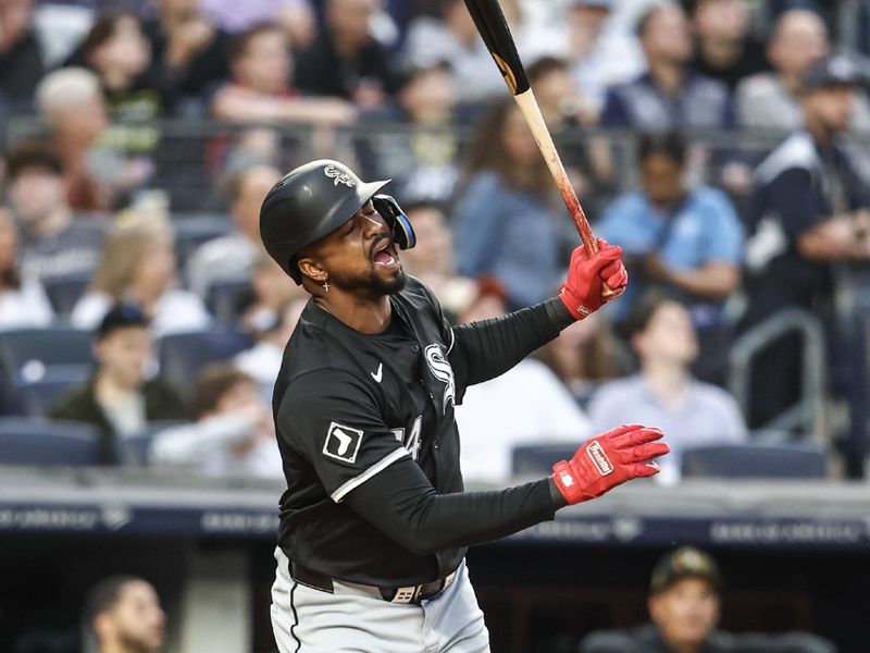 May 17, 2024; Bronx, New York, USA;  Chicago White Sox designated hitter Eloy Jiménez (74) reacts after popping out with a runner on base in the third inning against the New York Yankees at Yankee Stadium. Mandatory Credit: Wendell Cruz-USA TODAY Sports