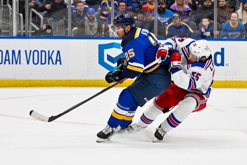 Jan 11, 2024; St. Louis, Missouri, USA;  New York Rangers defenseman Ryan Lindgren (55) defends against St. Louis Blues center Jordan Kyrou (25) during the second period at Enterprise Center. Mandatory Credit: Jeff Curry-USA TODAY Sports