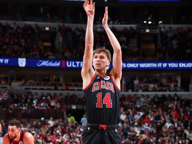 CHICAGO, IL - NOVEMBER 22: Matas Buzelis #14 of Chicago Bulls shoots a free throw during the game against the Atlanta Hawks during the Emirates NBA Cup game on November 22, 2024 at United Center in Chicago, Illinois. NOTE TO USER: User expressly acknowledges and agrees that, by downloading and or using this photograph, User is consenting to the terms and conditions of the Getty Images License Agreement. Mandatory Copyright Notice: Copyright 2024 NBAE (Photo by Jeff Haynes/NBAE via Getty Images)